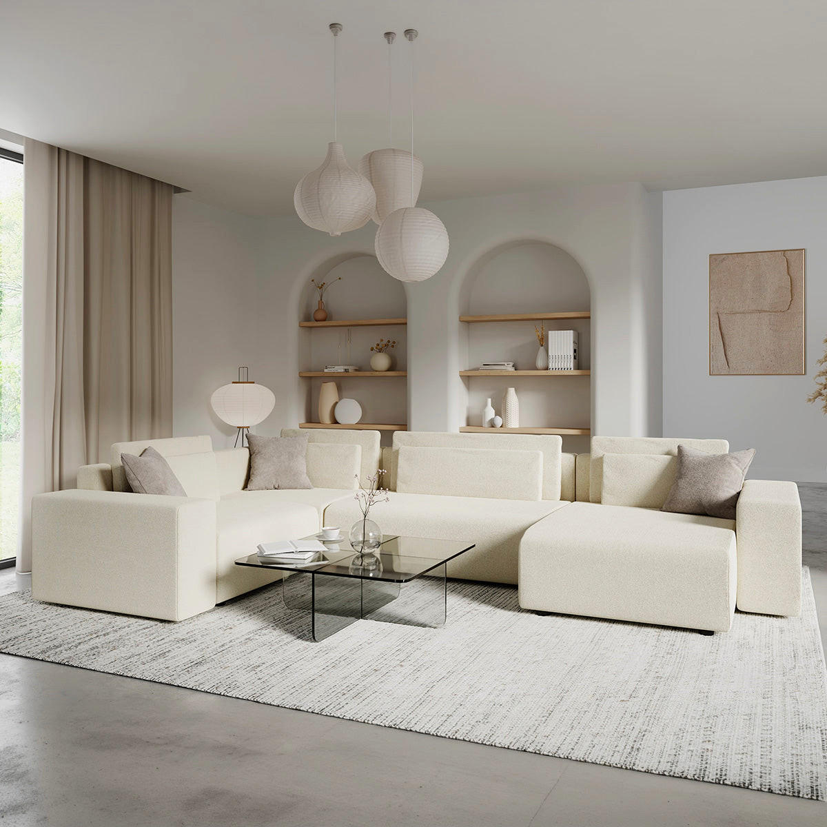 PANORAMASOFA Lorenzo 5 Sitzplätze Cremefarben - Weiß, Holz (378/85/236cm) - Petits-meubles