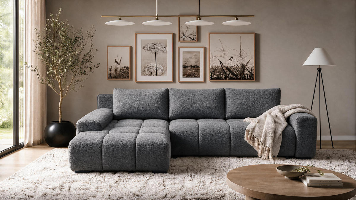 ECKSOFA Ovia mit Bettkasten und Schlaffunktion, Bouclé-Stoff in L-Form - Dunkelgrau, Textil (270/185cm)