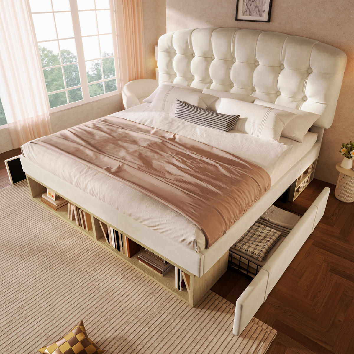 BETT mit Schubladen 140x190 cm Samt Beige - Beige, Metall (140/190cm) - Meubliv