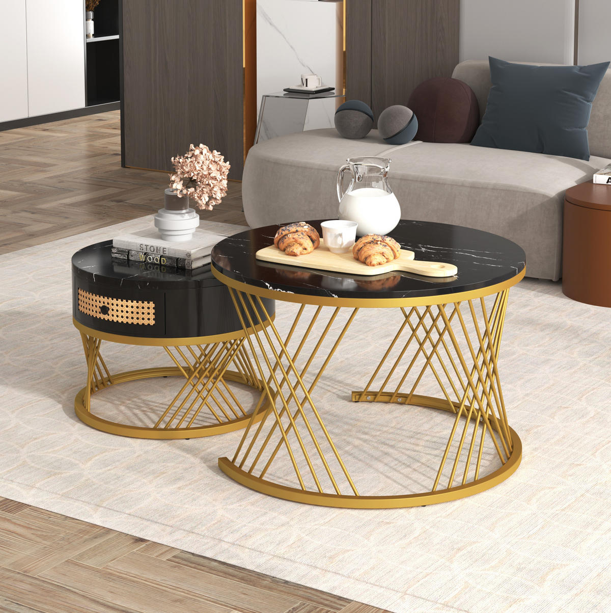 COUCHTISCH-SET aus MDF 70x70x45,5 cm Schwarz/Gold mit Schublade und Marmormuster - Schwarz, Holzwerkstoff (70/70/45.5cm) - IVMEU