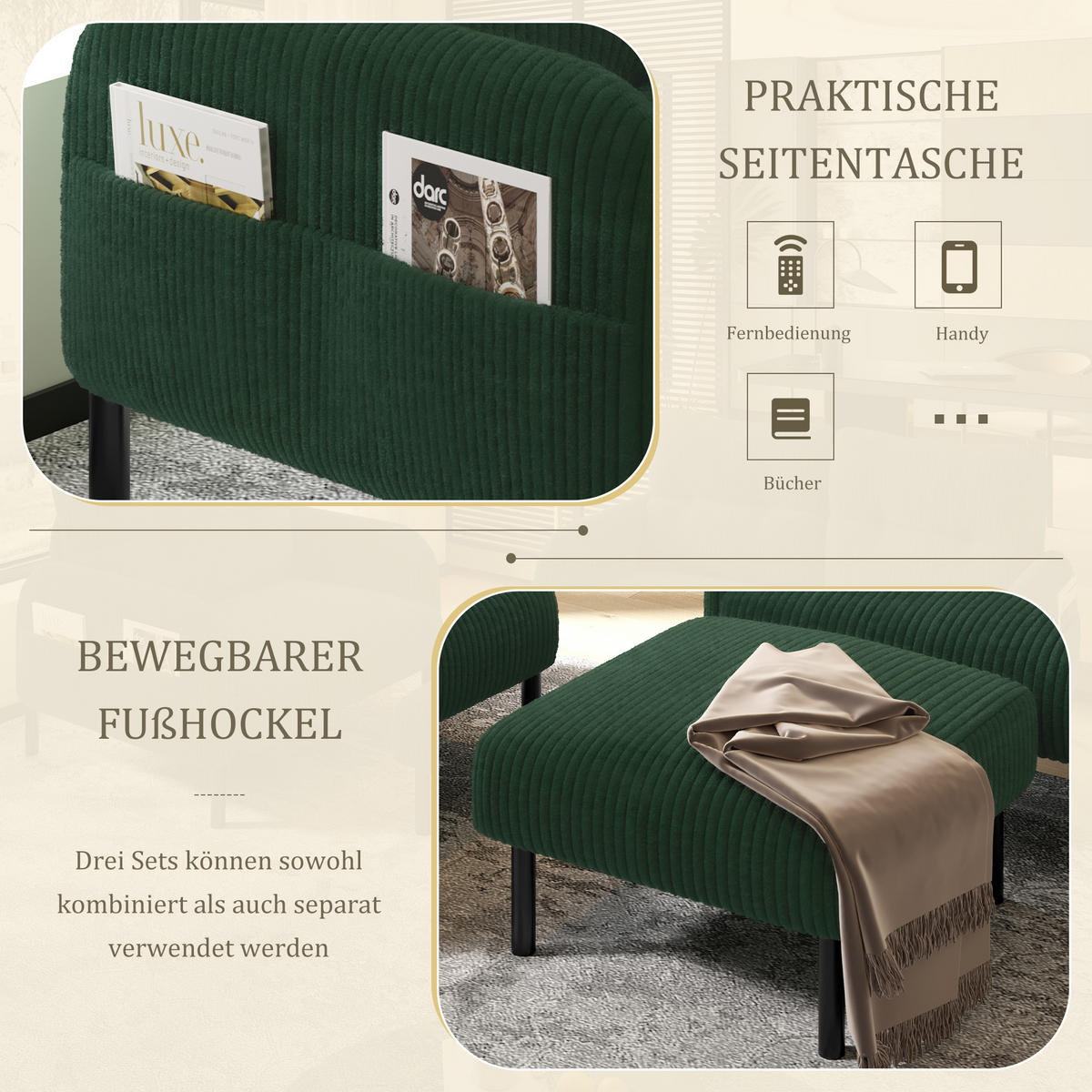 SOFA Set, 2-Sitzer+Sessel+Hocker, Cord, Grün - Schwarz/Grün, Textil/Metall (120/79/75cm) - LVHOM