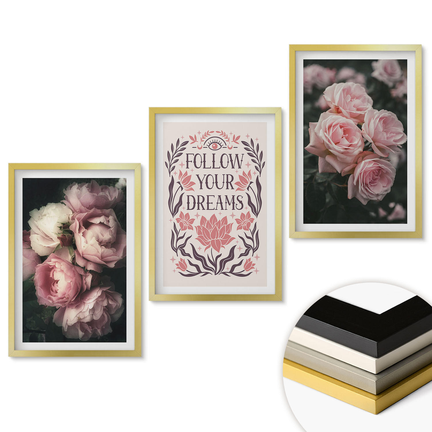 WANDBILDER 3er Set - 40x60 cm Goldrahmen - Vintage-Rosenträume-Inschrift - Goldfarben, Kunststoff (40/60cm) - ArtPrintCave
