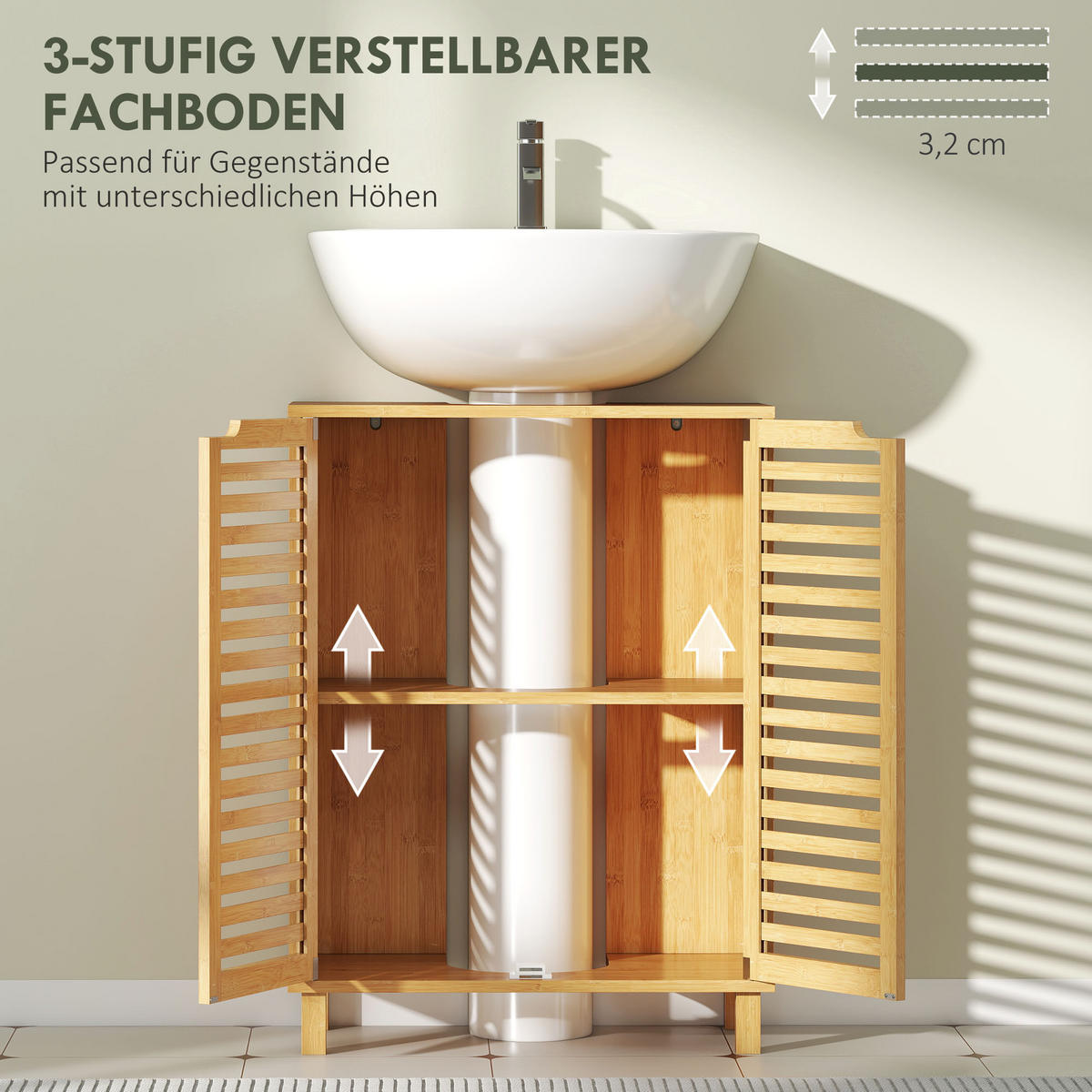 WASCHBECKENUNTERSCHRANK mit 2 Lamellentüren und verstellbarem Einlegeboden - Naturfarben, Holz (30/80/60cm) - HOMCOM