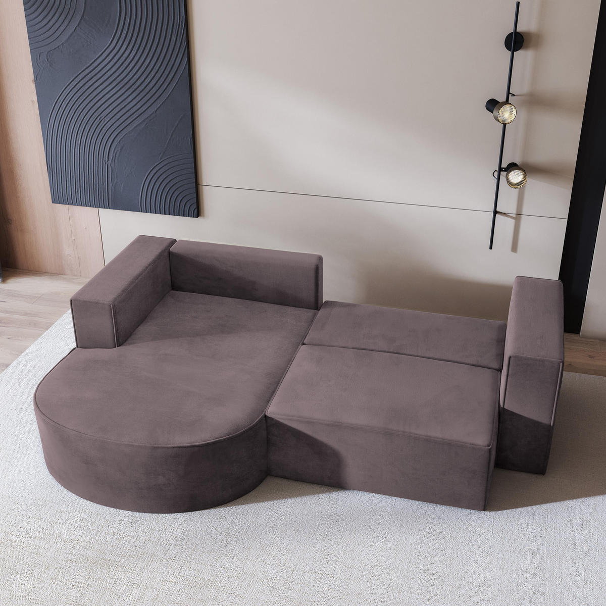 ECKSOFA SORELA M L-S Lila Velours-Stoff mit Schlaffunktion - Lila, Holz (263/174cm) - MASSENO