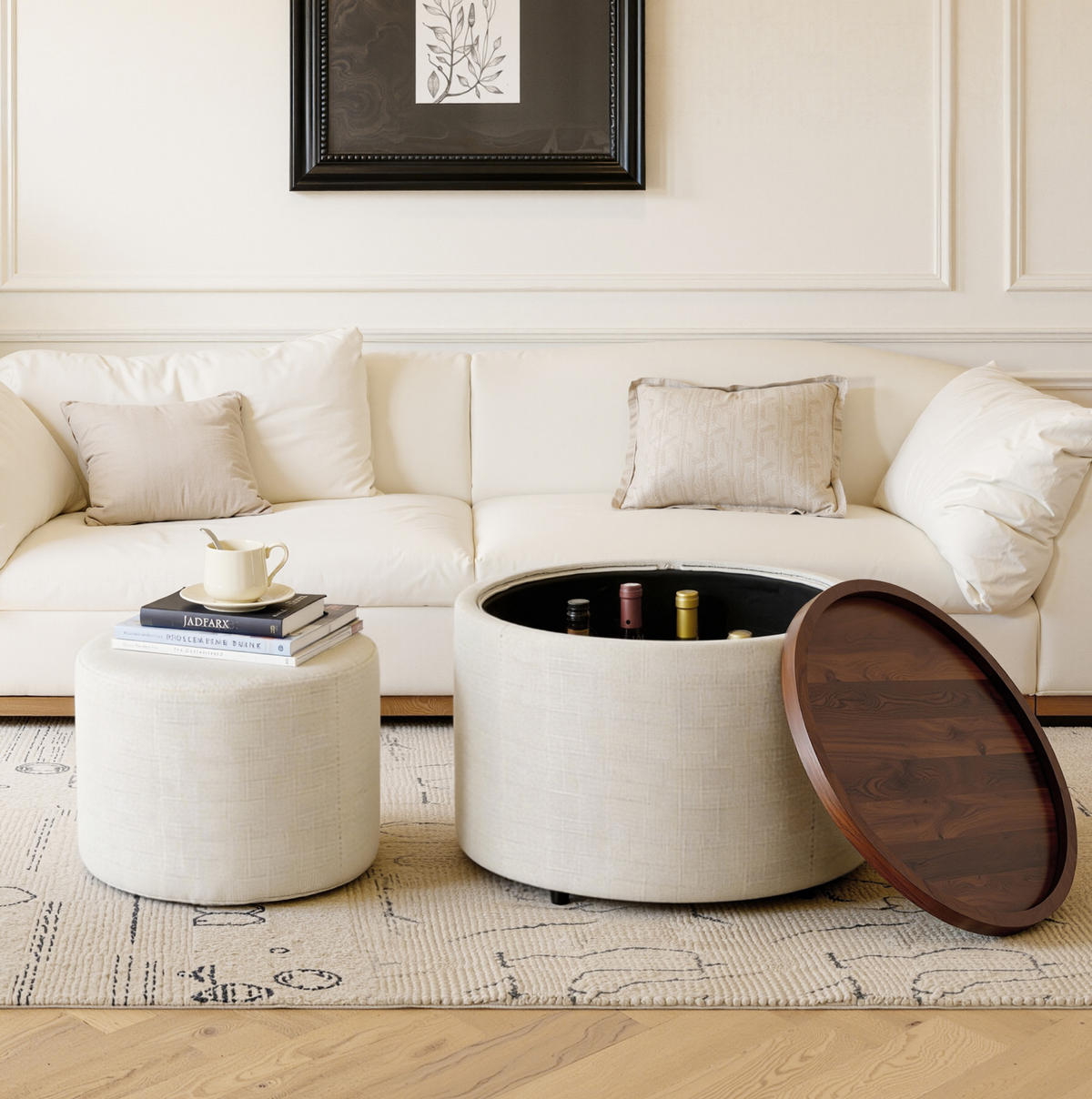 COUCHTISCH 58/58/38 cm mit Stauraum, Holzablage und Nestfunktion aus Leinen, Beige - Beige, Textil (58/58/38cm) - Redom