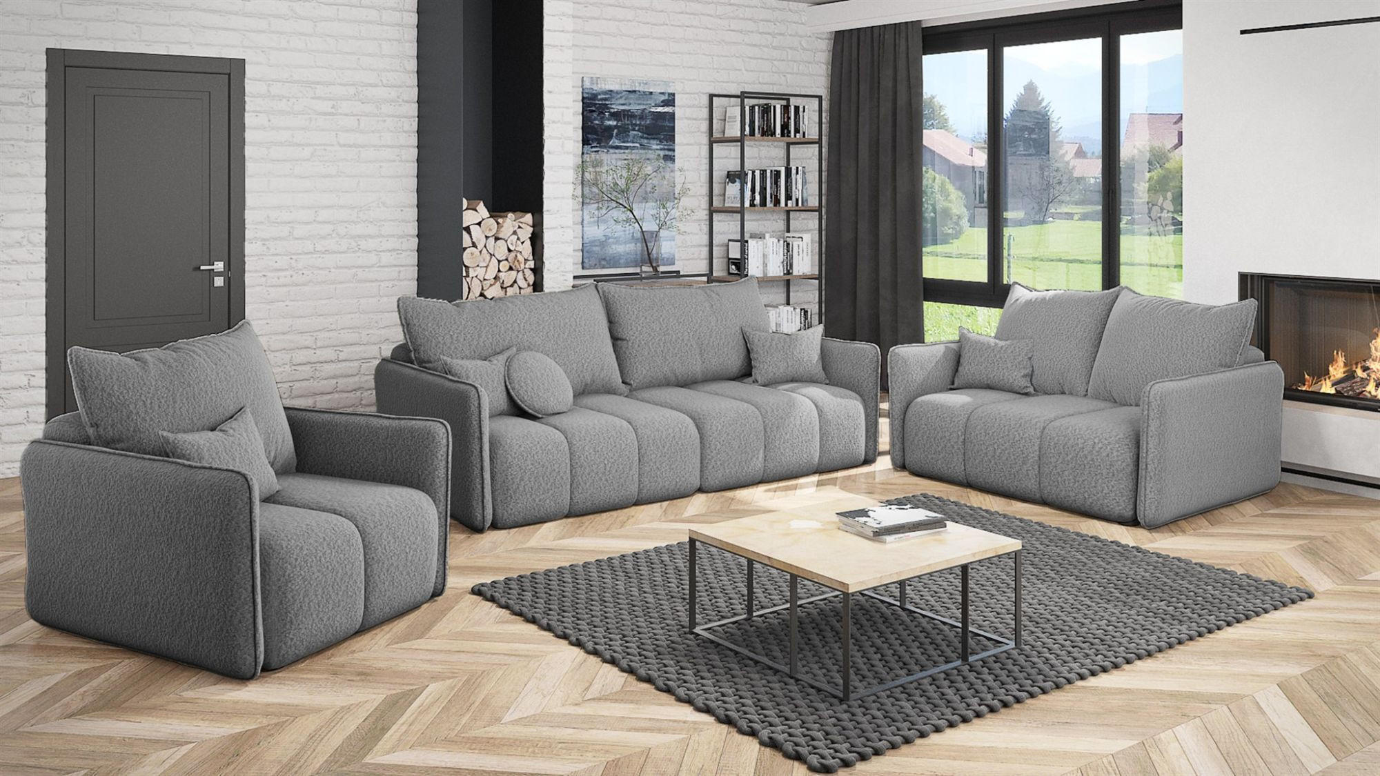 SOFASET Morgano 3-2-1 - Grau, Holzwerkstoff/Textil (216/86/102cm) - Fun Möbel