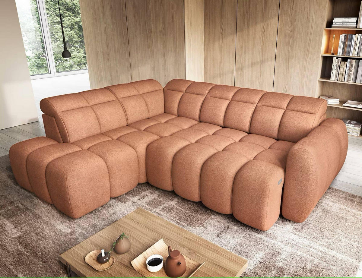 ECKSOFA mit elektrischem Sitzvorschub, Bettkasten und verstellbare Kopflehnen - Kupferfarben, Naturmaterialien/Textil (258/208cm) - Eltap