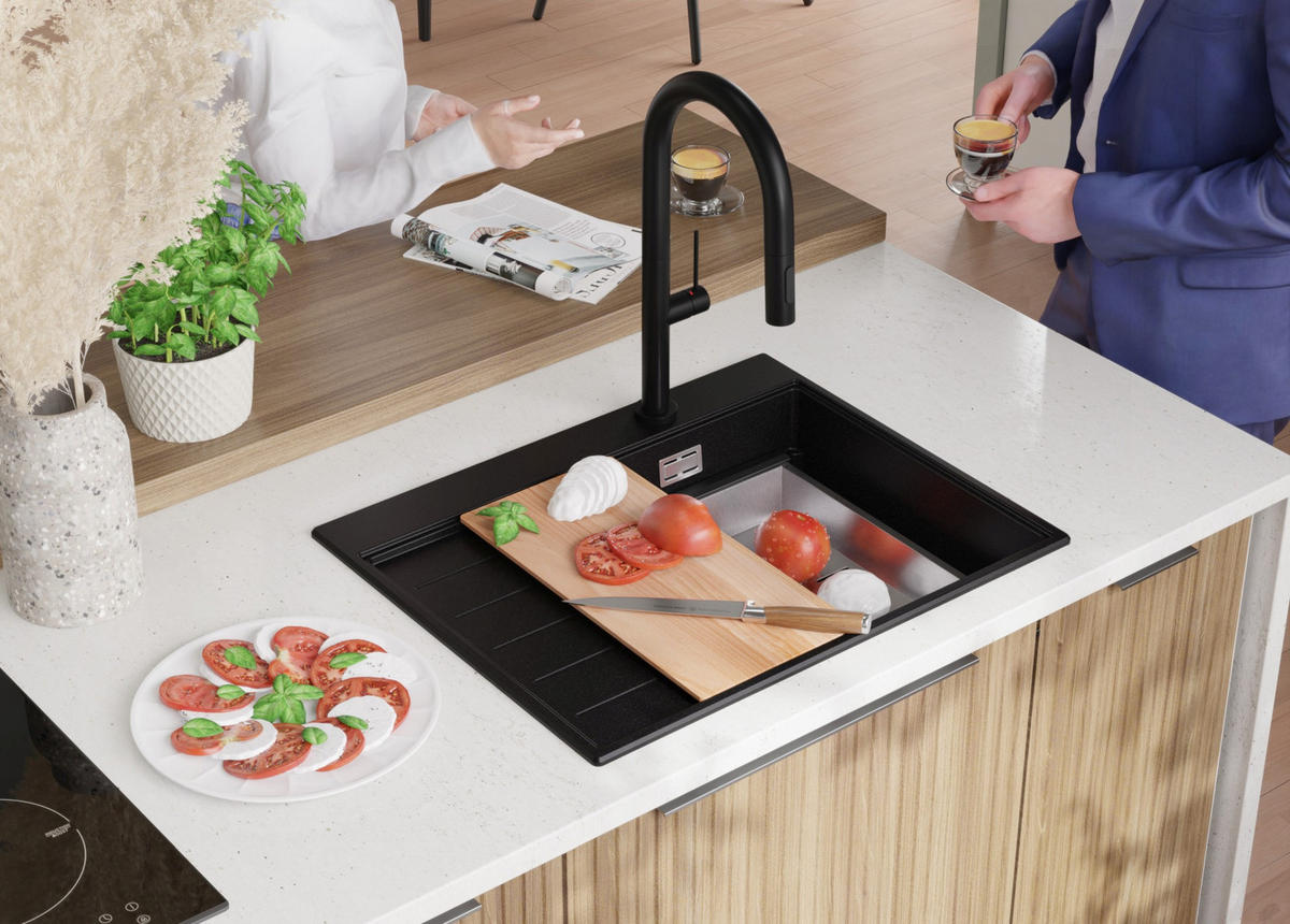 SPÜLBECKEN Sydney, 2-er set Schwarz 62/50 cm 1 Becken + Ablauf-Set + Küchenzubehörset ab 40er Unterschrank - Chromfarben/Beige, Kunststoff (62/20/50cm) - Primagran