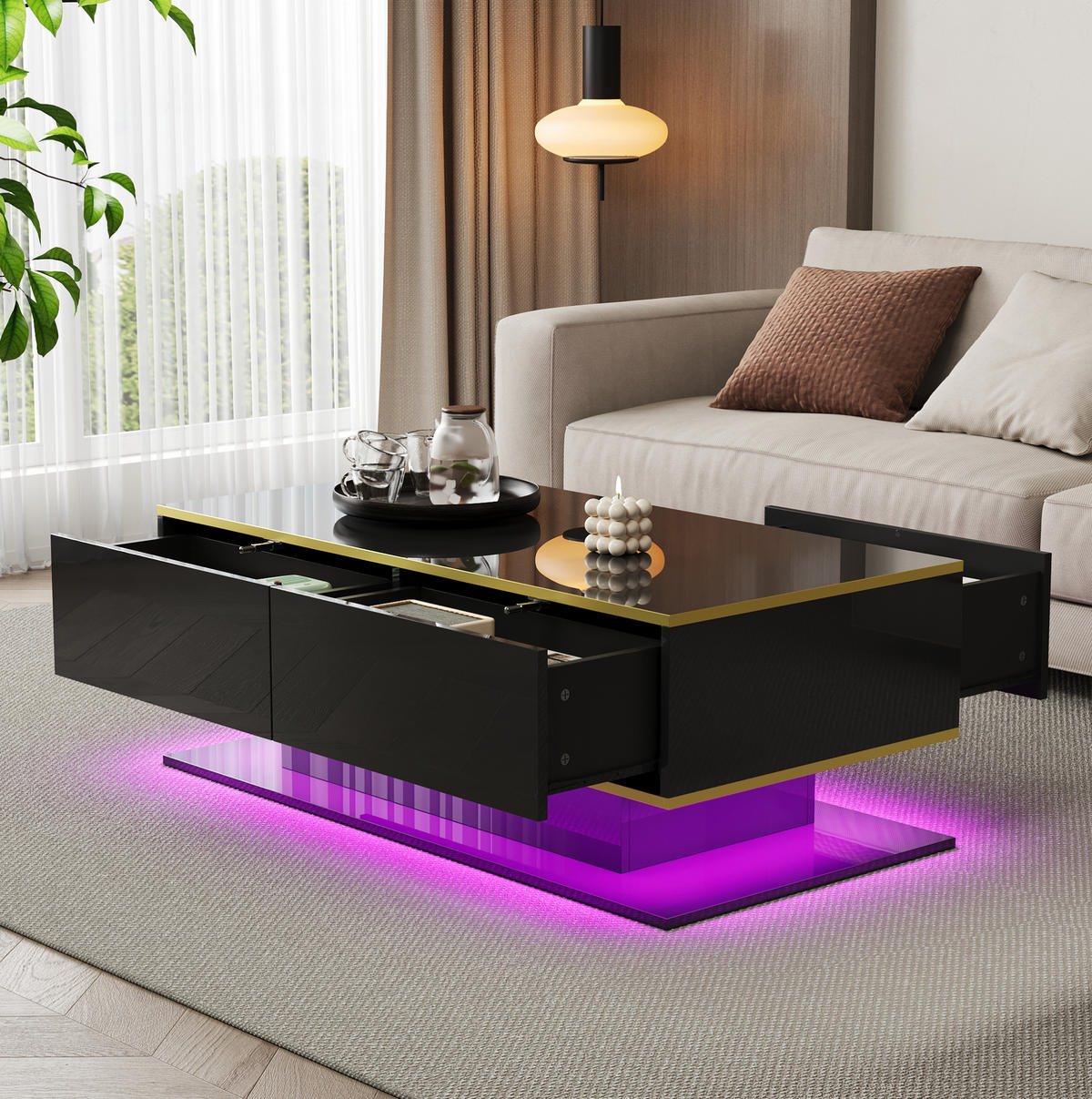 COUCHTISCH 100/50/40 cm in Schwarz/Gold mit LED-Beleuchtung und 3 Schubladen - Schwarz, Holzwerkstoff (100/50/40cm) - Flora Grace
