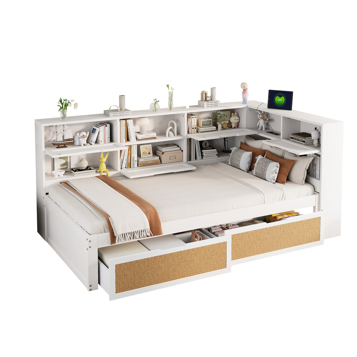 BETT aus Massivholz 90/200 cm mit Schublade und USB-Anschluss Weiß - Weiß, Holz (90/200cm) - OKWISH