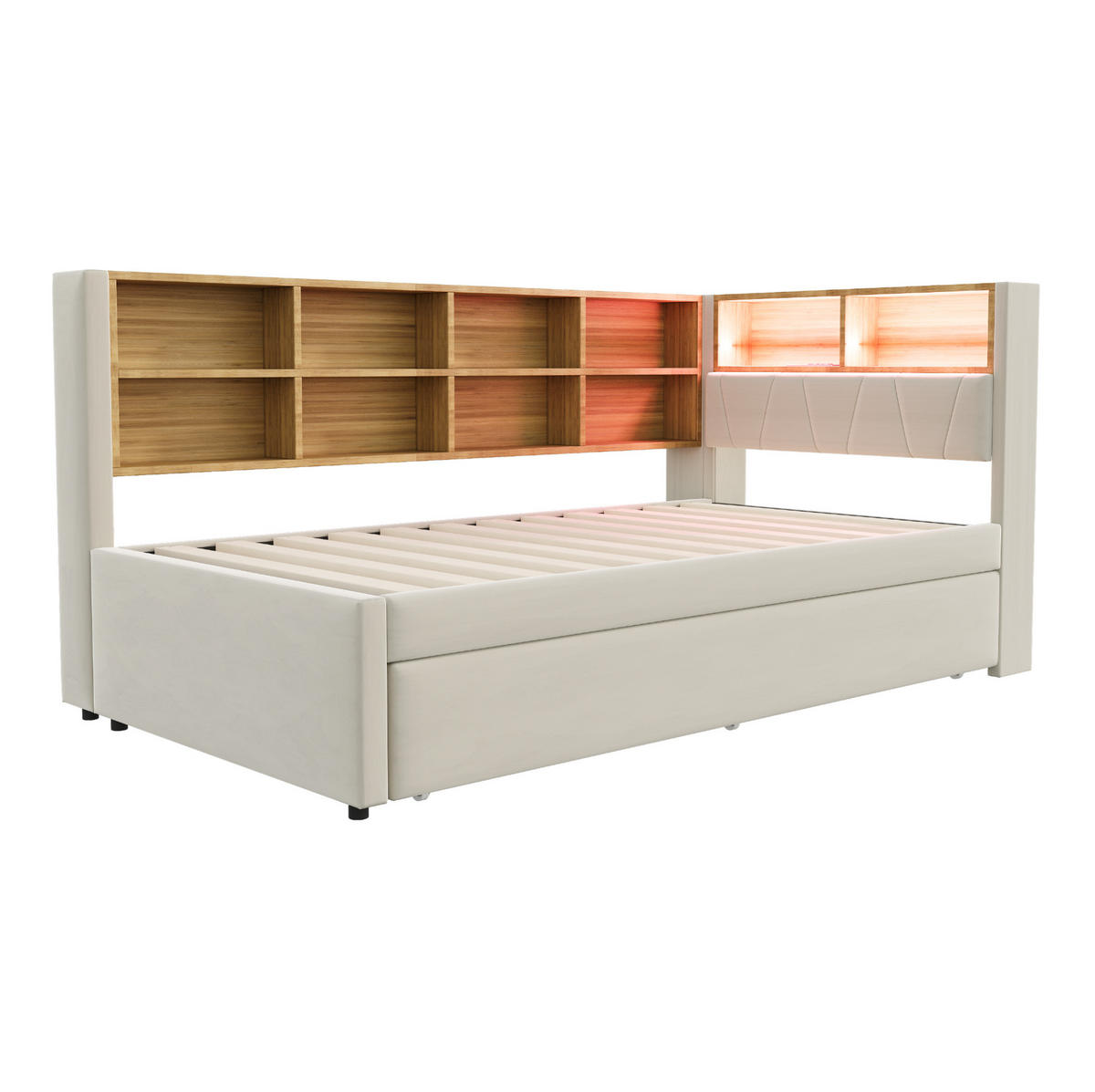 POLSTERBETT 90/200 cm Beige aus Flanell mit Ausziehbett - Beige, Textil (90/200cm) - OKMYHOME