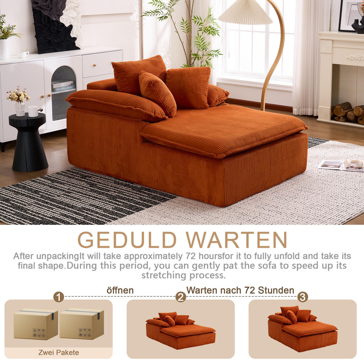 SOFA Cord Orange mit breiten Armlehnen und Kissen - Orange, Textil (177/92/122cm) - WISHDOR