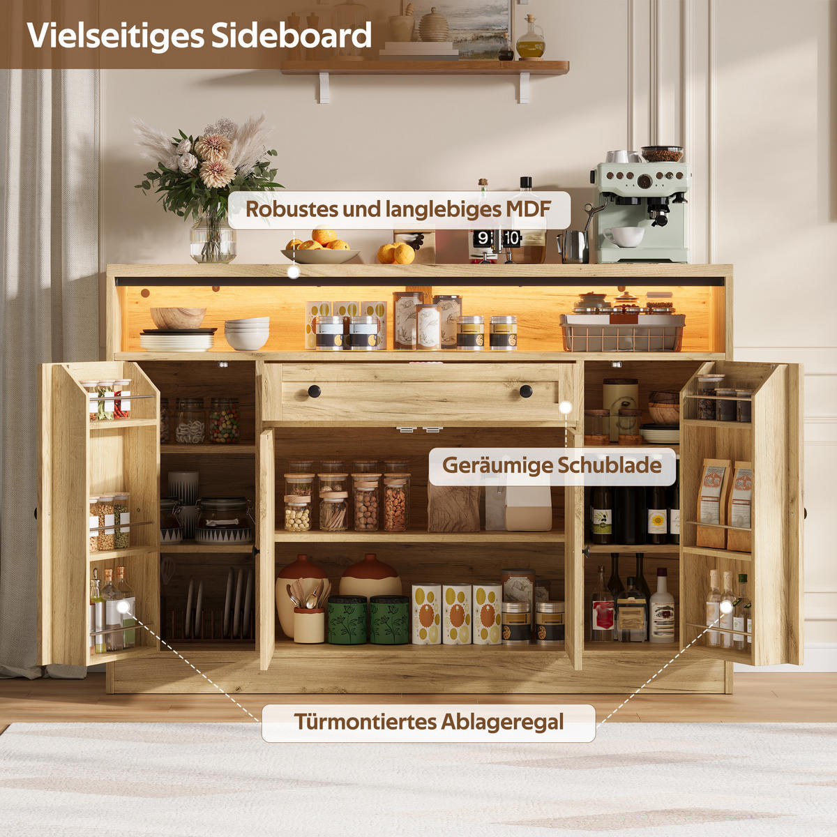 KÜCHENSCHRANK Sideboard Natur mit RGB-LED 4 Scheunentüren & Türablagen - Naturfarben, Holzwerkstoff (140/95/35cm) - Urban Meuble