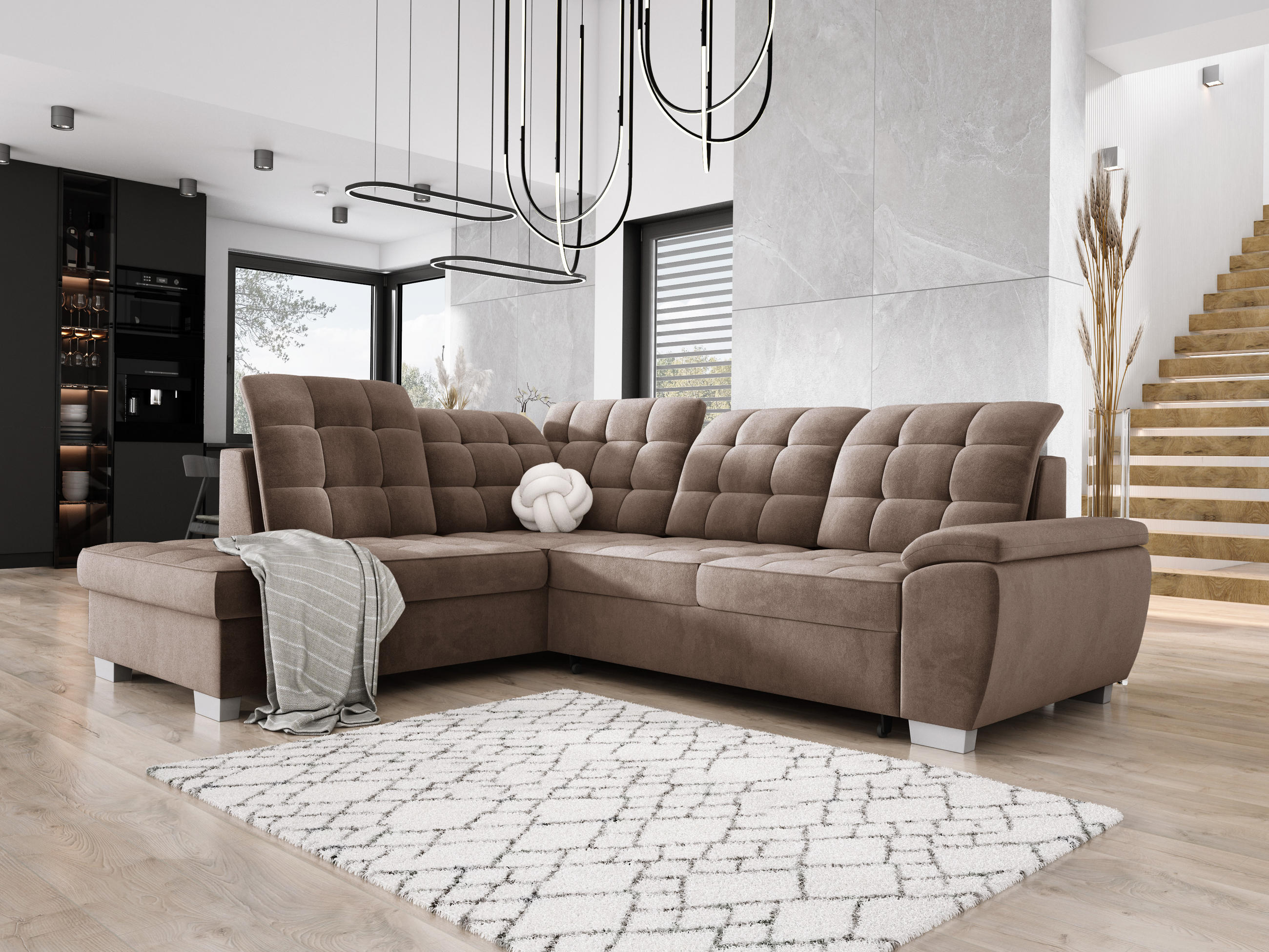 ECKSOFA LOTTA SALVADOR Bettkasten verstellbare Kopfstützen hochwertige Verarbeitung lose Rückenkissen freistehend LINKS 212x258x106 cm Cappuccino - Cappuccino, Holz/Textil (212/258cm) - DomoHome