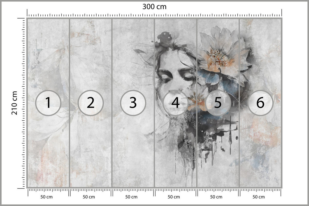 FOTOTAPETE für Wohnzimmer Gesicht Frau Grau Betonwand Blumen 300x210 - Grau, Papier (300/210cm) - Muralo