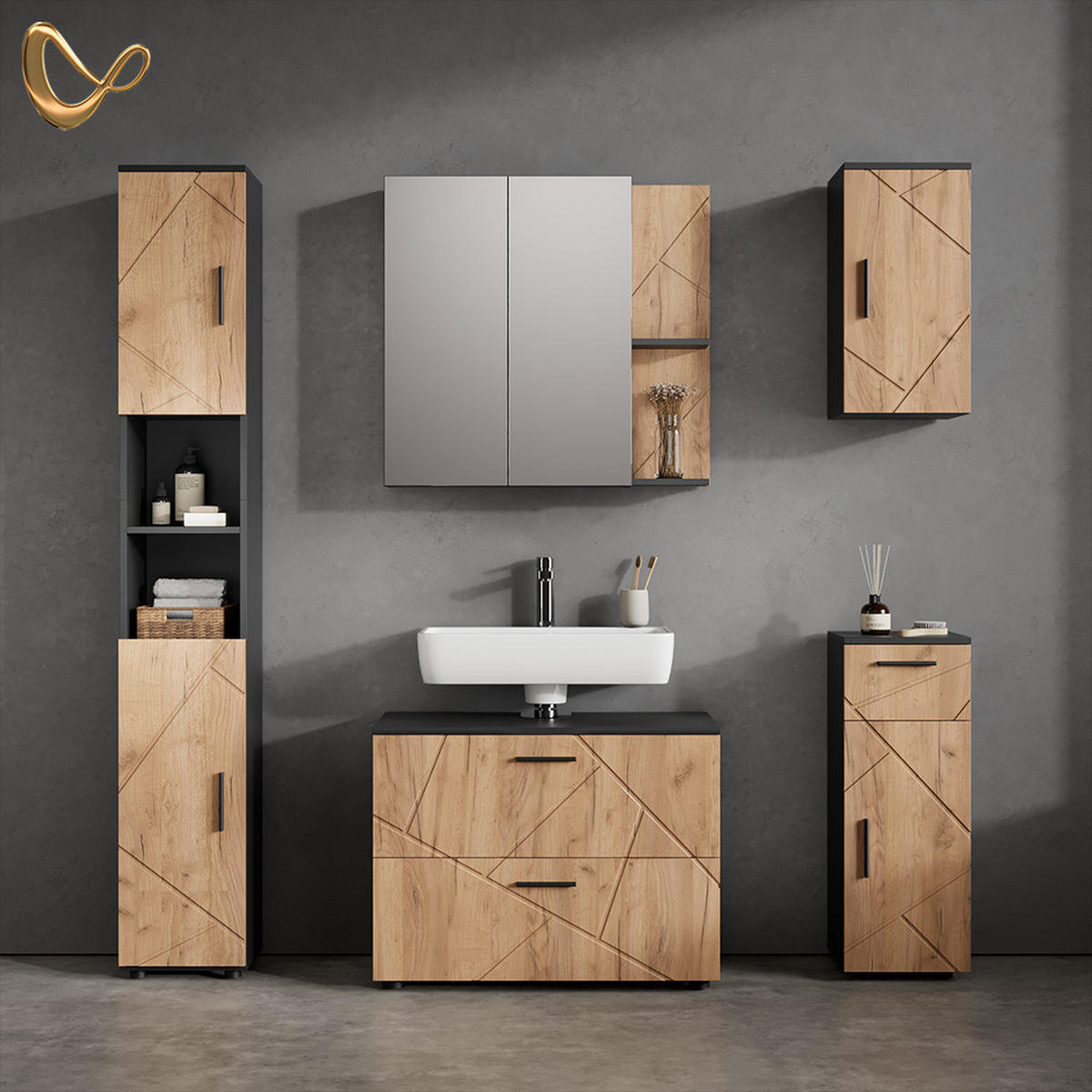 SPIEGELSCHRANK Ronco Anthrazit/Goldkraft Eiche 80 x 75 cm - Anthrazit/Eiche Wotan, Holzwerkstoff (80/75/17.2cm) - Livinity®