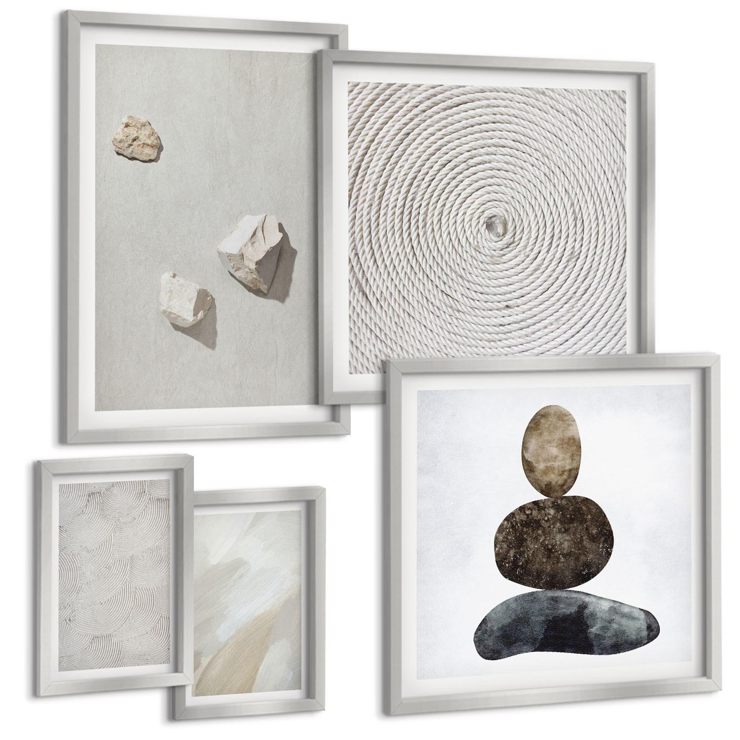 BILDER SET 5er Set - 50x50 cm & 20x30 cm & 40x60 cm Silberner Rahmen - Sandsteine moderne Farbe - Silberfarben, Kunststoff (40/60cm) - TULUP