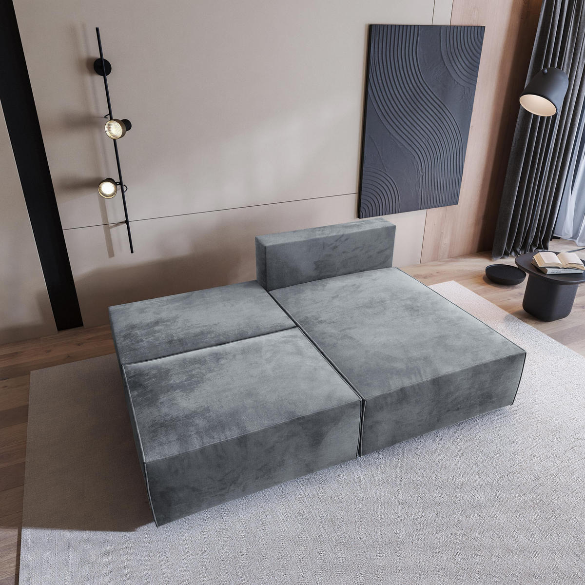 ECKSOFA FIORO M Grau Velours-Stoff mit Schlaffunktion - Grau, Holz/Kunststoff (204/148cm) - MASSENO