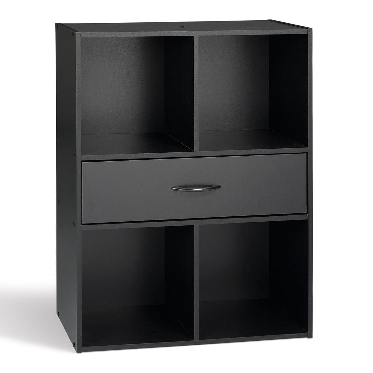 AUFBEWAHRUNGSREGAL 4 Fächer mit einer Schublade - Schwarz, Holzwerkstoff (29.5/80/62cm) - Calicosy