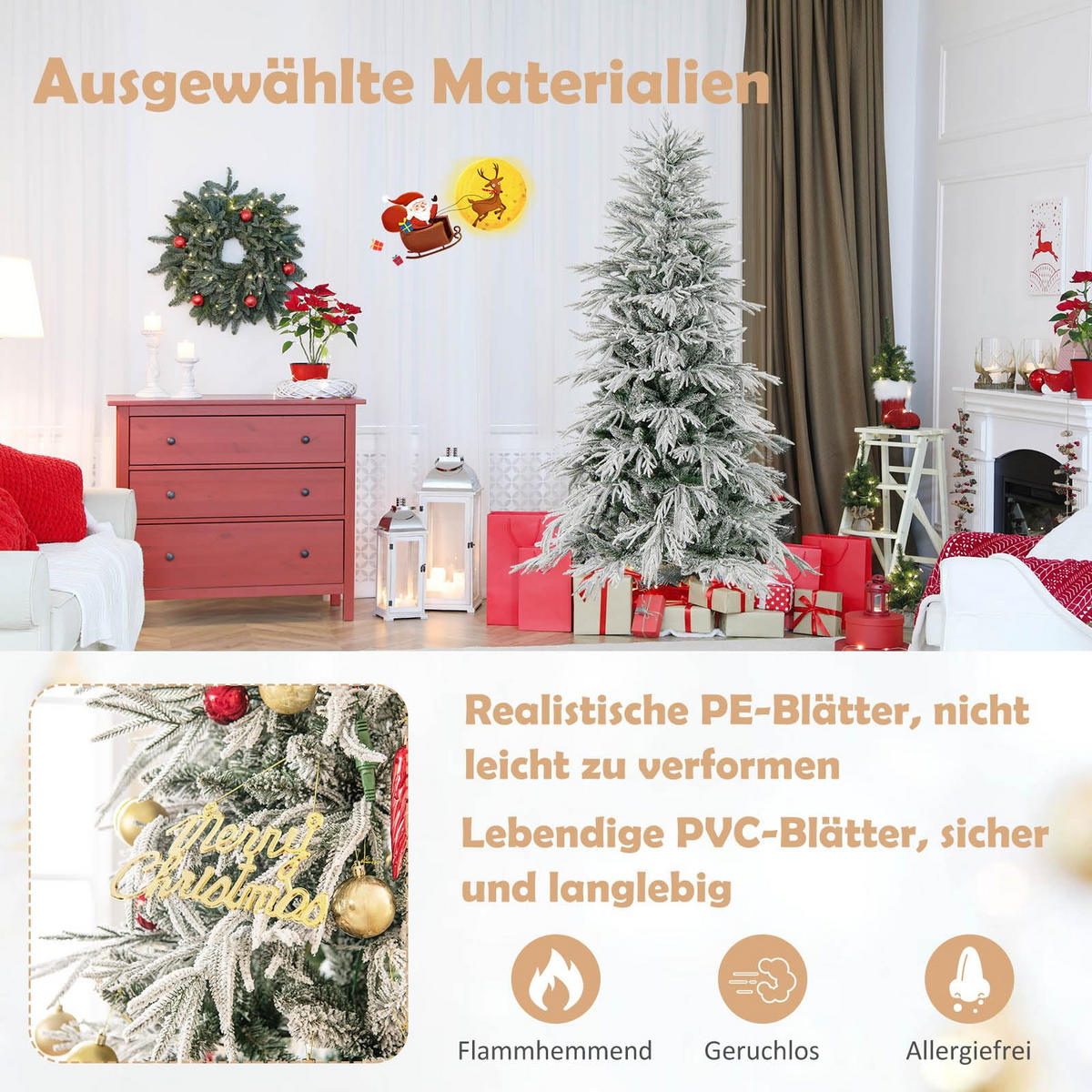 WEIHNACHTSBAUM Tannenform mit 250 warmweißen LED-Lichtern und Schnee 180 cm grün - Grün, Metall (180cm) - COSTWAY