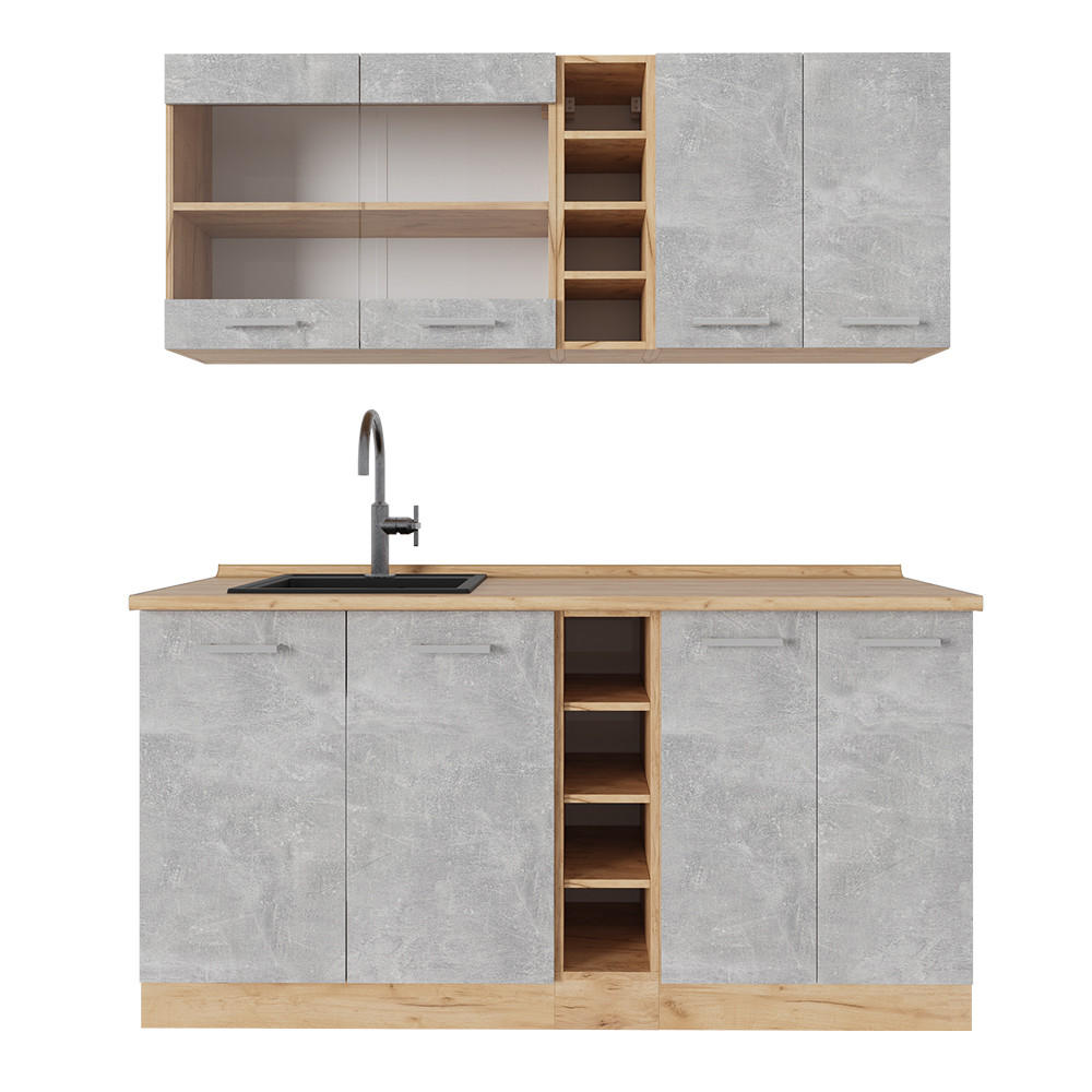 SINGLEKÜCHE R-Line Beton/Goldkraft Eiche 160 cm ohne Arbeitsplatte - Schieferfarben/Eiche Wotan, Holzwerkstoff (160/81.6/46cm) - Vicco