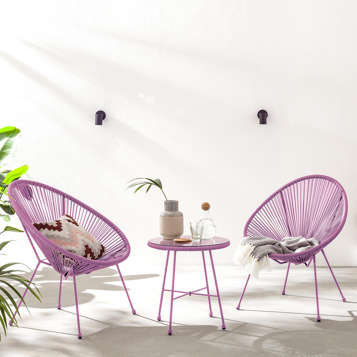 SITZGRUPPE - Stahl / Polyrattan - 3-teilig - Violett, Glas/Kunststoff - home24