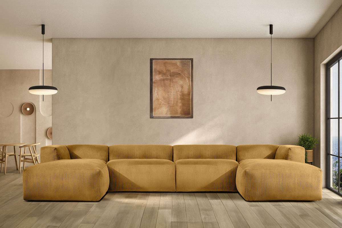 PANORAMA-ECKSOFA BUFFO 7/8 Sitzer mit extrem weicher Sitzfläche, Kordstoff, gelb - Gelb, Textil (424/73/180cm) - KONSIMO®