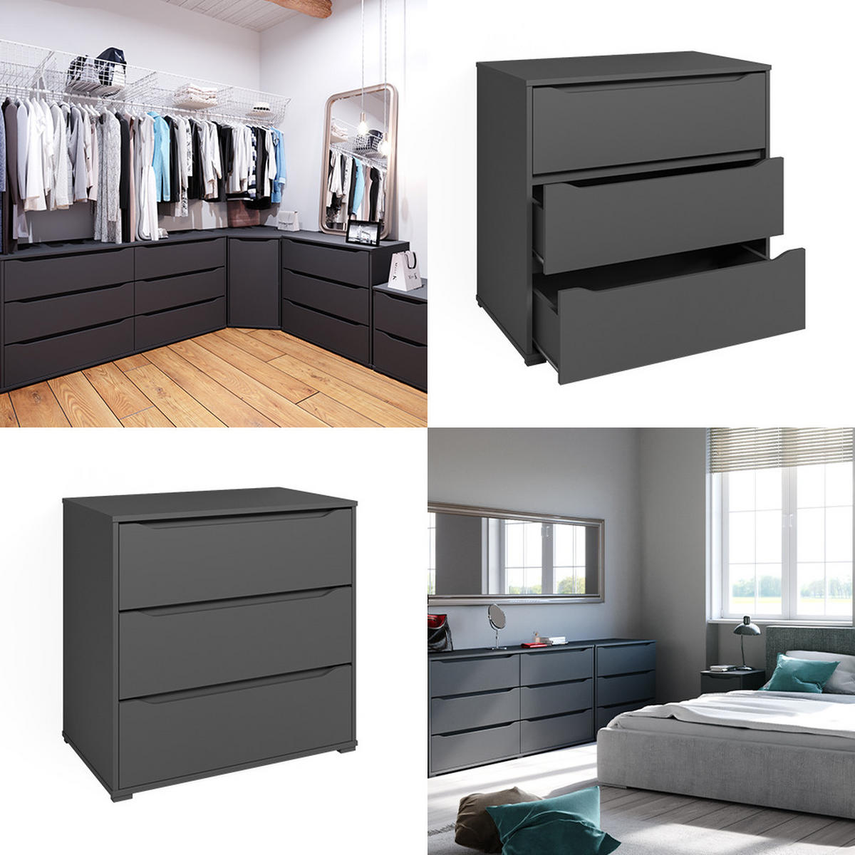 KOMMODE Ruben Anthrazit 80 x 77.6 cm mit 3 Schubladen - Anthrazit, Holzwerkstoff (48/77.6/80cm) - Vicco