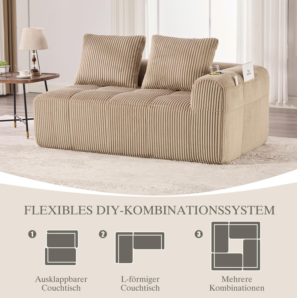 2-SITZER Sofa Cordstoff mit Seitenfächern und Becherhalter 158/93/61 cm Sandfarben - Sandfarben, Textil (93/61/158cm) - Redom