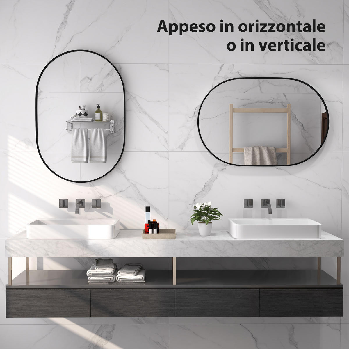 BADEZIMMERSPIEGEL Ovaler Wand-Badezimmerspiegel mit Aluminiumrahmen, 60 x 90 cm ,Schwarz - Schwarz, Glas (3/90/60cm) - Vallsero