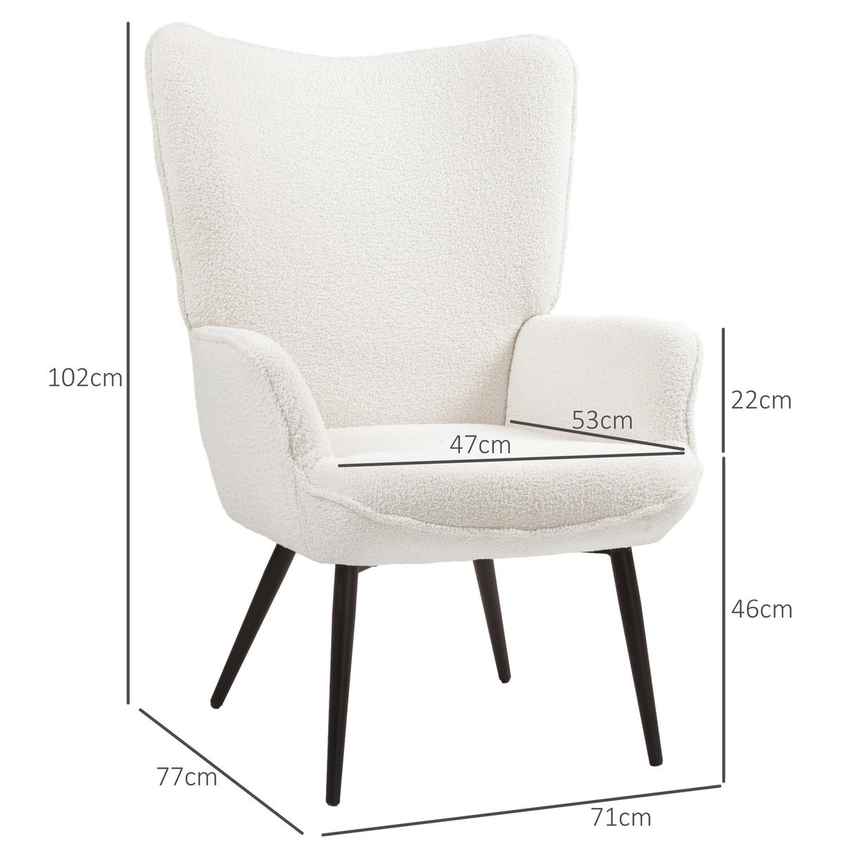 OHRENSESSEL gepolsterter Relaxsessel mit Armlehne, Metallbeine, Cremeweiß - Creme, Kunststoff (77/102/71cm) - HOMCOM