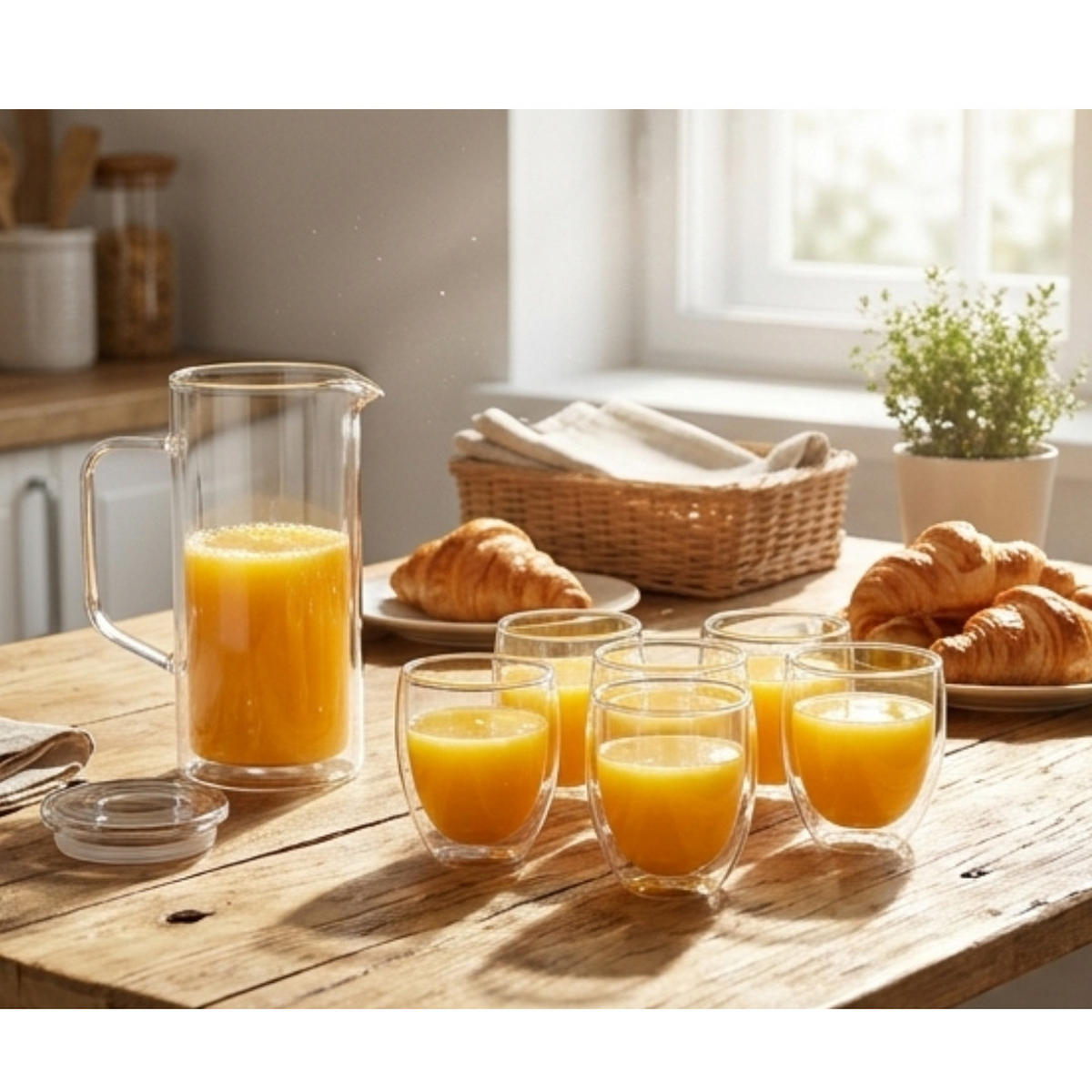 DOPPELWANDIGE GLÄSER mit KARAFFE- Klasique 7er- 250ml, Doppelwand Thermogläser, Gläserset, hitzebeständig Trinkgläser, Schwebeeffekt Doppelwandig - Transparent, Glas - JUNG