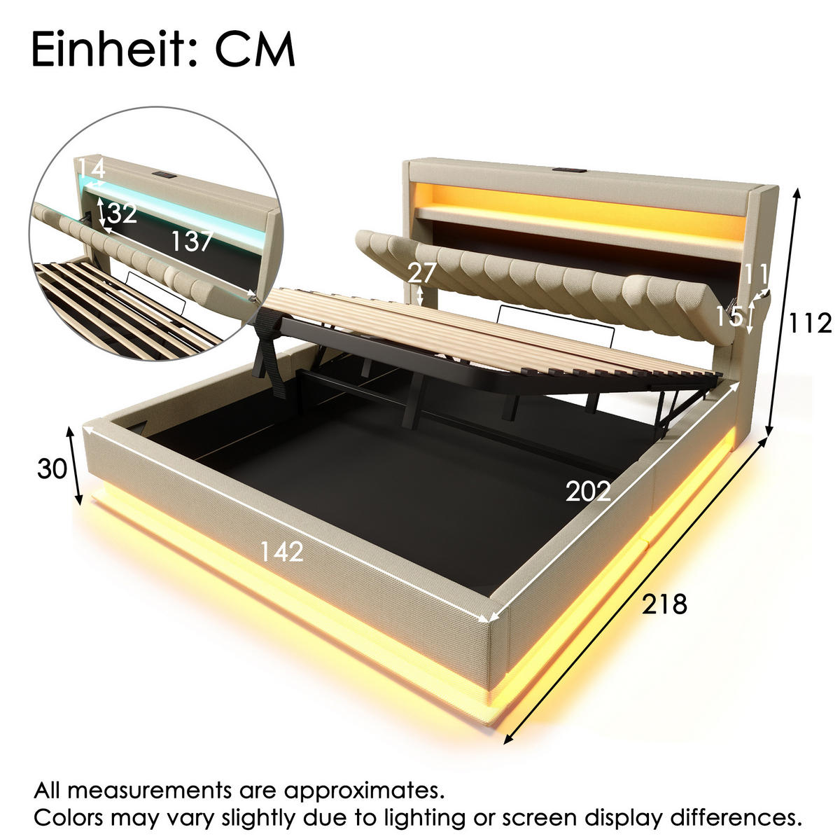 POLSTERBETT mit LED-Beleuchtung 140/200 cm mit Bettkasten, USB und gepolstertem Kopfteil - Beige, Textil (140/200cm) - BEAOK