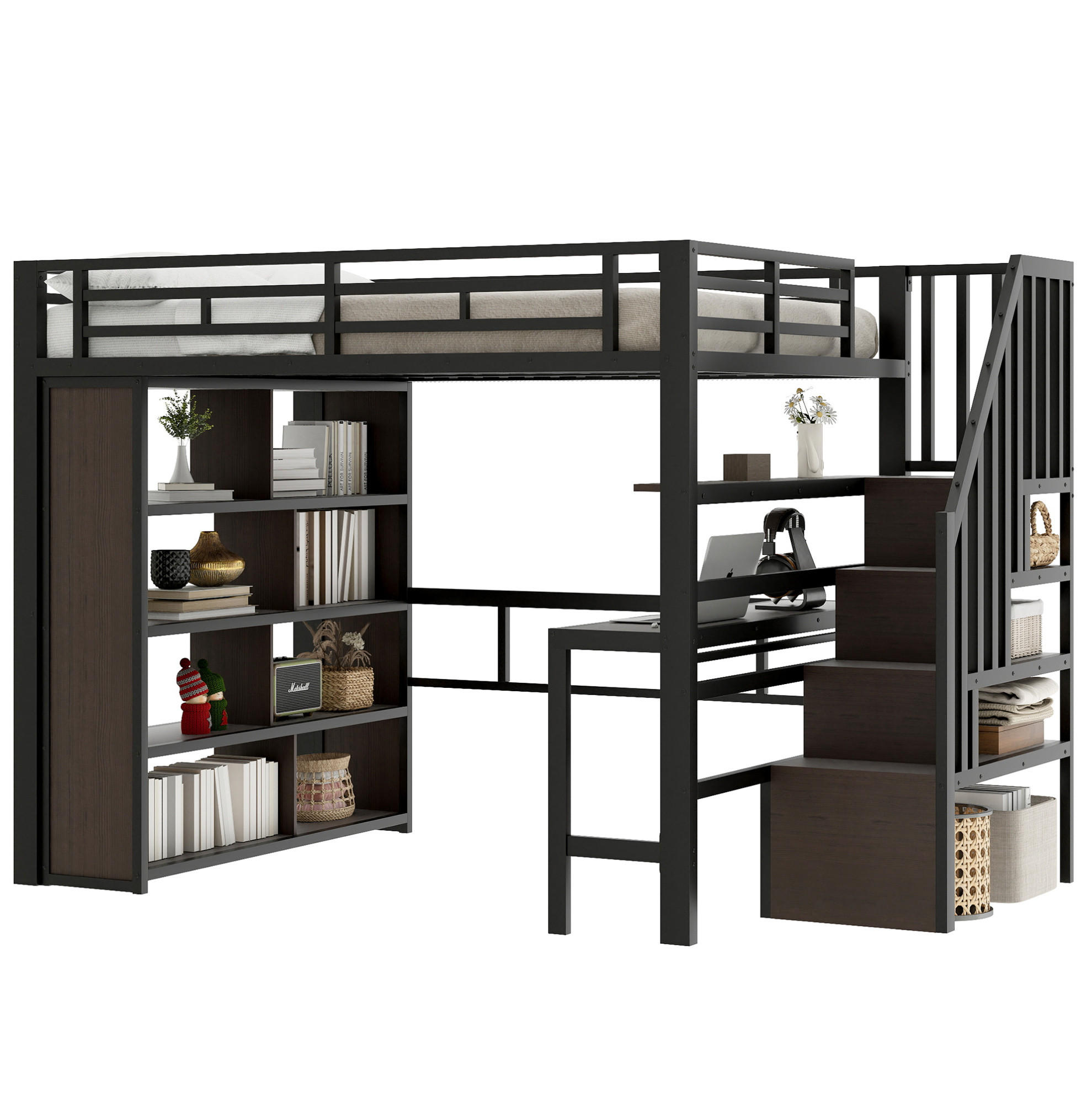 HOCHBETT 140/200 cm Schwarz mit Schreibtisch, Stauraumtreppe und LED-Beleuchtung - Schwarz, Metall (140/200cm) - Flora Grace