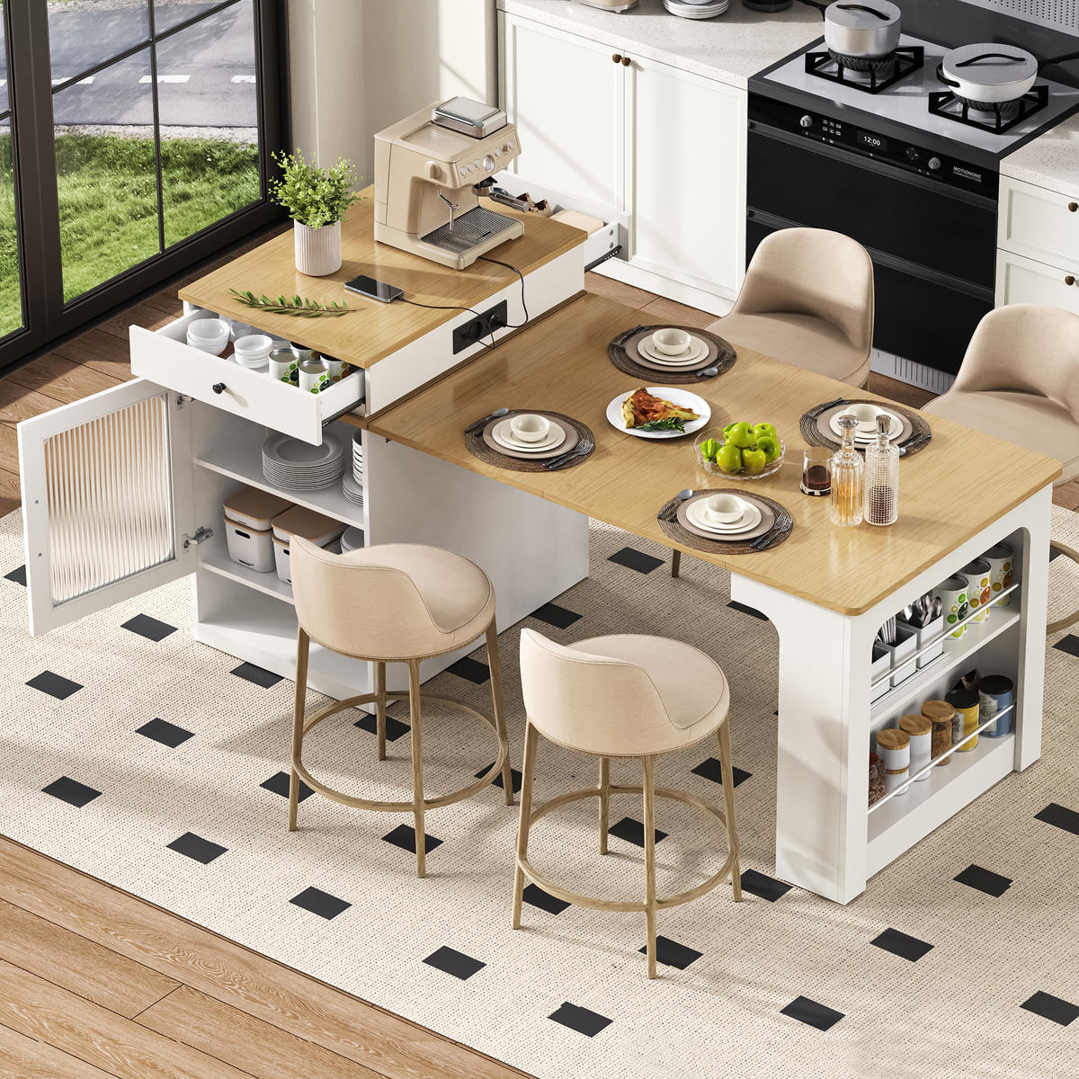 KÜCHENINSEL aus MDF 80x71-151x92 cm Weiß mit Steckdosenleiste - Weiß, Holzwerkstoff (151/92/80cm) - Modfu