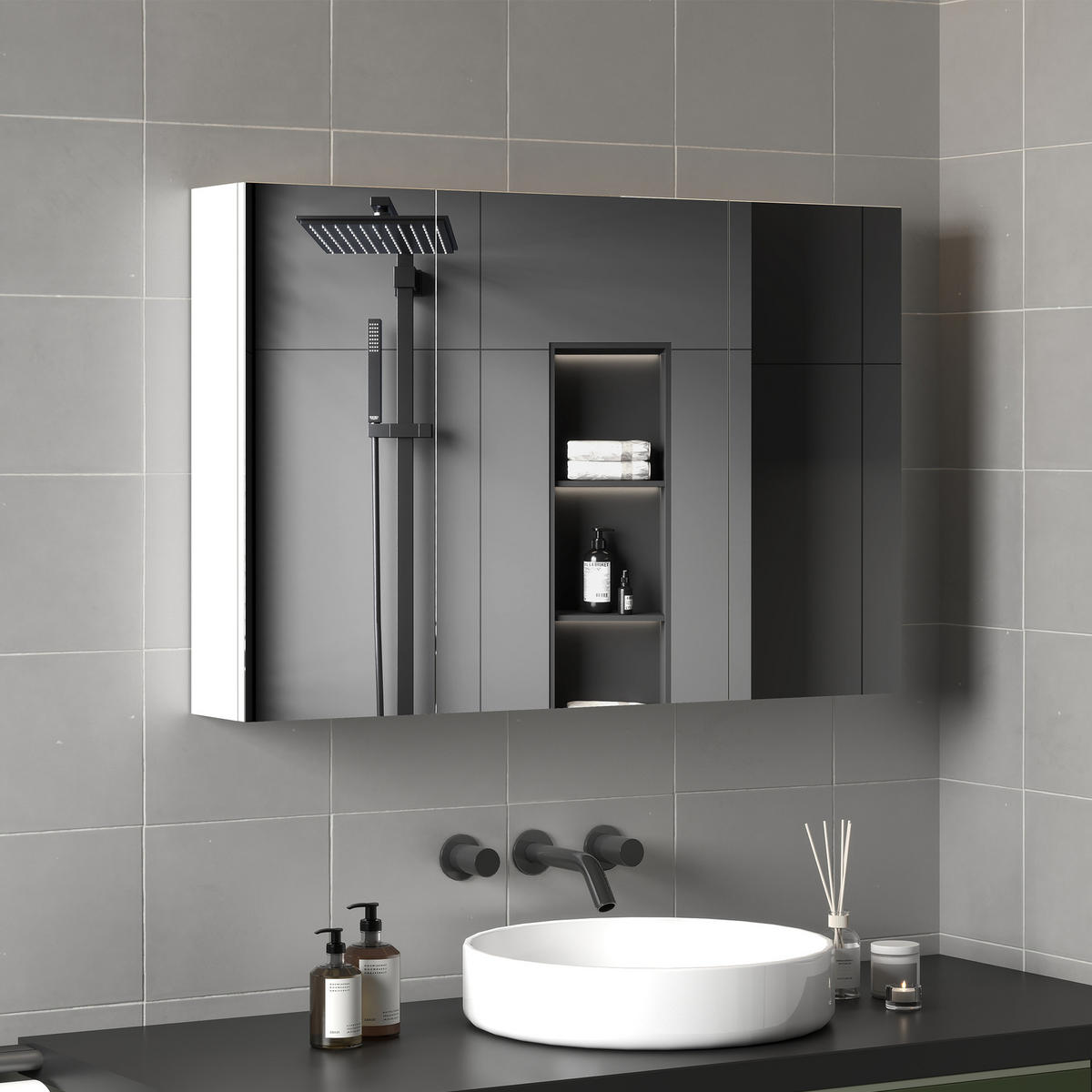 BADEZIMMER-WANDSCHRANK mit 3 Spiegeltüren und verstellbaren Holzregalböden, 90 x 13,5 x 60 cm ,Weiß - Weiß, Glas (90/60/13.5cm) - Vallsero