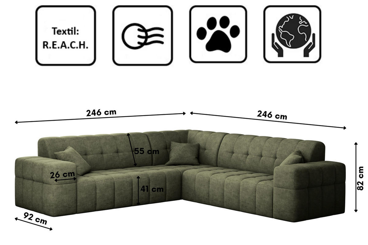 ECKSOFA Corner NIMES Stoff Perfect Harmony Grün - Grün, Holz (246/246cm) - Kaiser Möbel