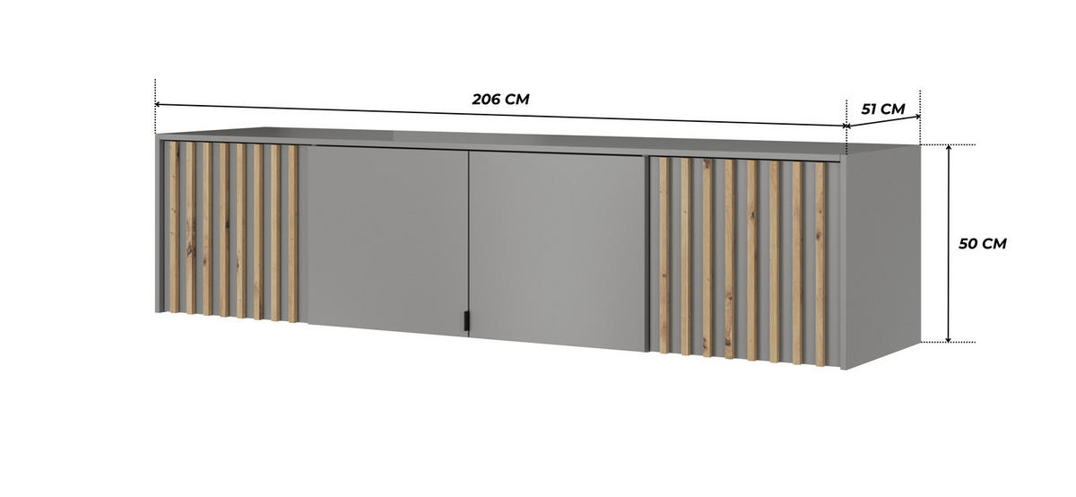 SCHRANKAUFSATZ STILO 4D 206 cm (Grau, Lamellen Artisan Eiche, 4 Türen, Metallgriffe) - Schwarz/Grau, Holz/Holzwerkstoff (206/50/51cm) - Ravio