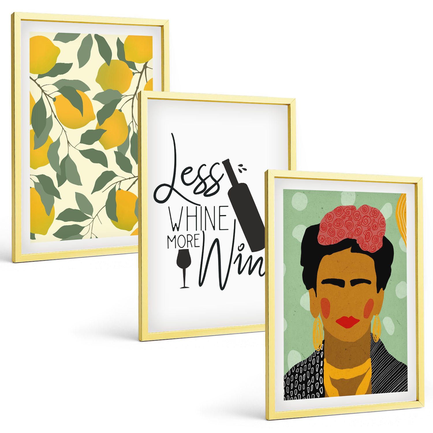 BILDER SET 3er Set - 40x60 cm Goldrahmen - Zitronenweinporträt von Frida - Goldfarben, Kunststoff (40/60cm) - TULUP