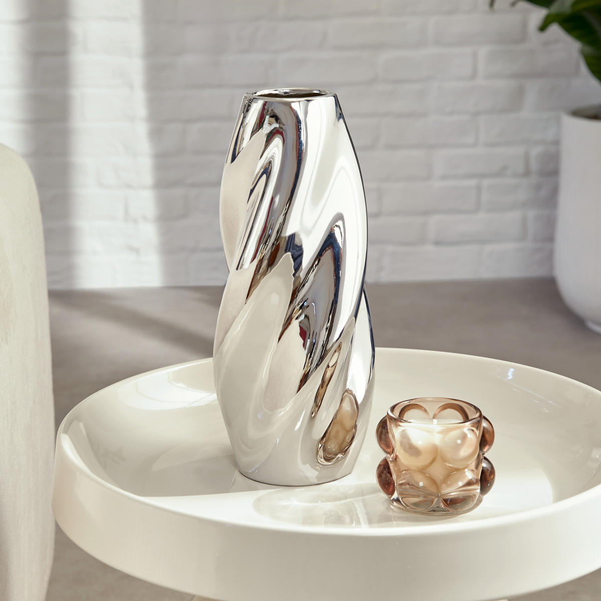 VASE aus Keramik Twisted Sky 11,5/11,5/28,5 cm - Silberfarben, Keramik (28.5cm) - Atmosphera Createur d´interieur
