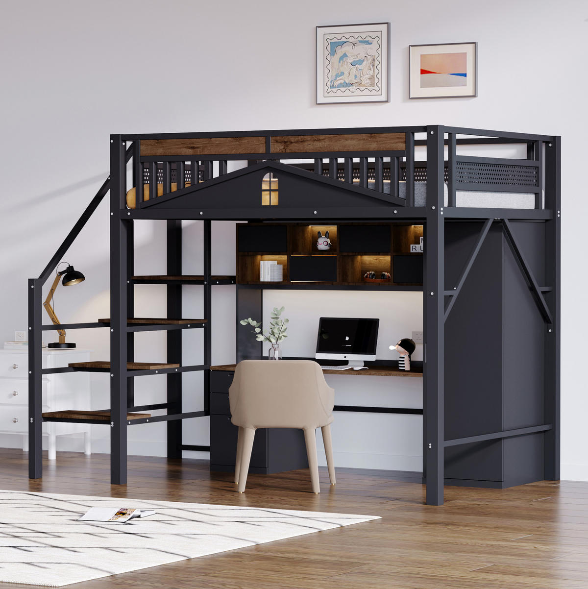 HOCHBETT 140/200 cm aus Metall/Holz mit Fensterdesign und Stauraumleiter Schwarz - Schwarz, Metall (140/200cm) - Modenvie