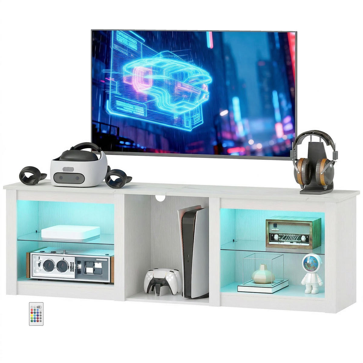 TV-LOWBOARD Weiß 160/35/51,7 cm, LED-Beleuchtung, Glasböden - Weiß, Holzwerkstoff (160/51.7/35cm) - PANGIVO