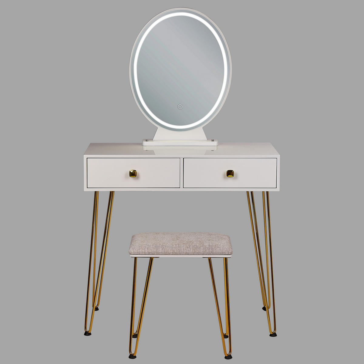 SCHMINKTISCH mit ovalem LED-Spiegel Hocker 2 Schubladen weiß/gold Caen - Goldfarben/Weiß, Holzwerkstoff (82/137/40cm) - Beliani