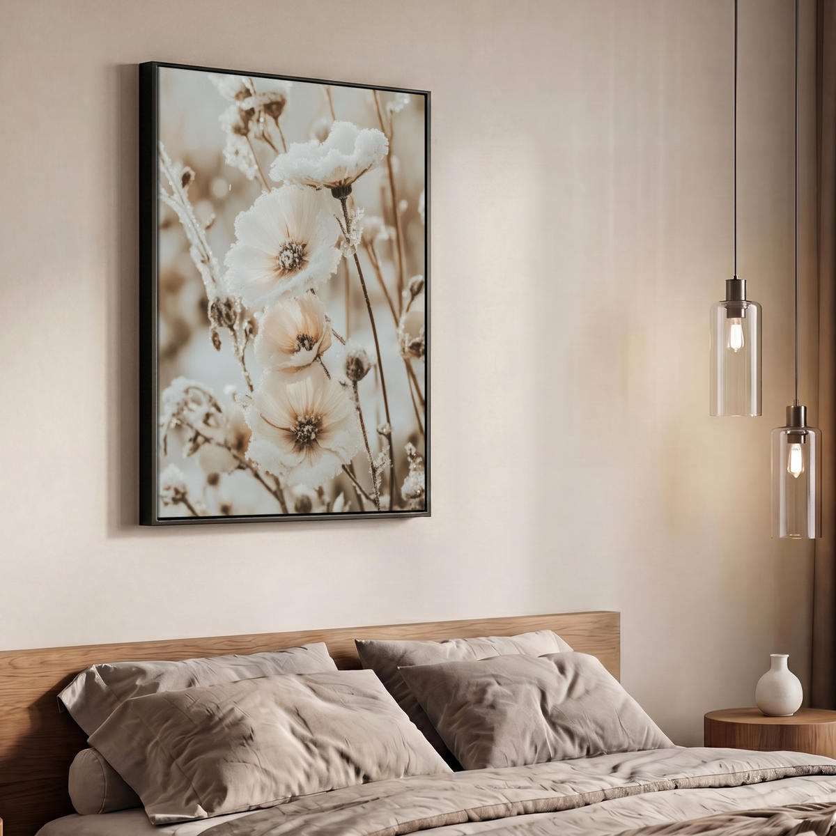 LEINWAND Bilder mit Rahmen - Blumen - Winter - Weiß - Schnee - Beige - 70x100 - Creme, Textil (70/100cm) - MuchoWow