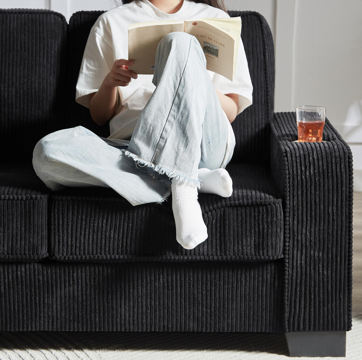 SOFA 3-Sitzer 206 cm Schwarz mit Getränkehaltern - Schwarz, Holzwerkstoff (206/86/72cm) - Meubliv