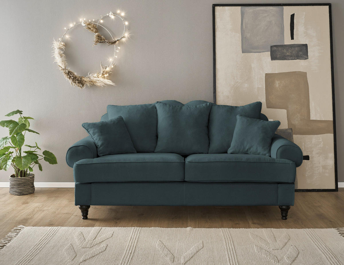 SOFA blaugrün Landhaus, Couch 3-Sitzer 200 cm - Dunkelgrün, Holz/Textil (200/95/100cm) - Furn.Design