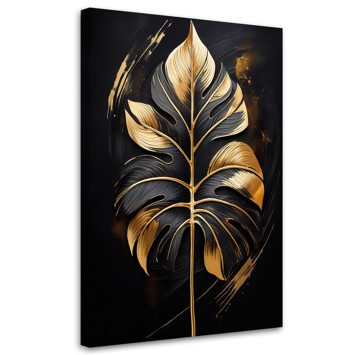 WANDBILD schwarzes und goldenes monstera blatt - Goldfarben, Textil (70/100cm) - Feeby