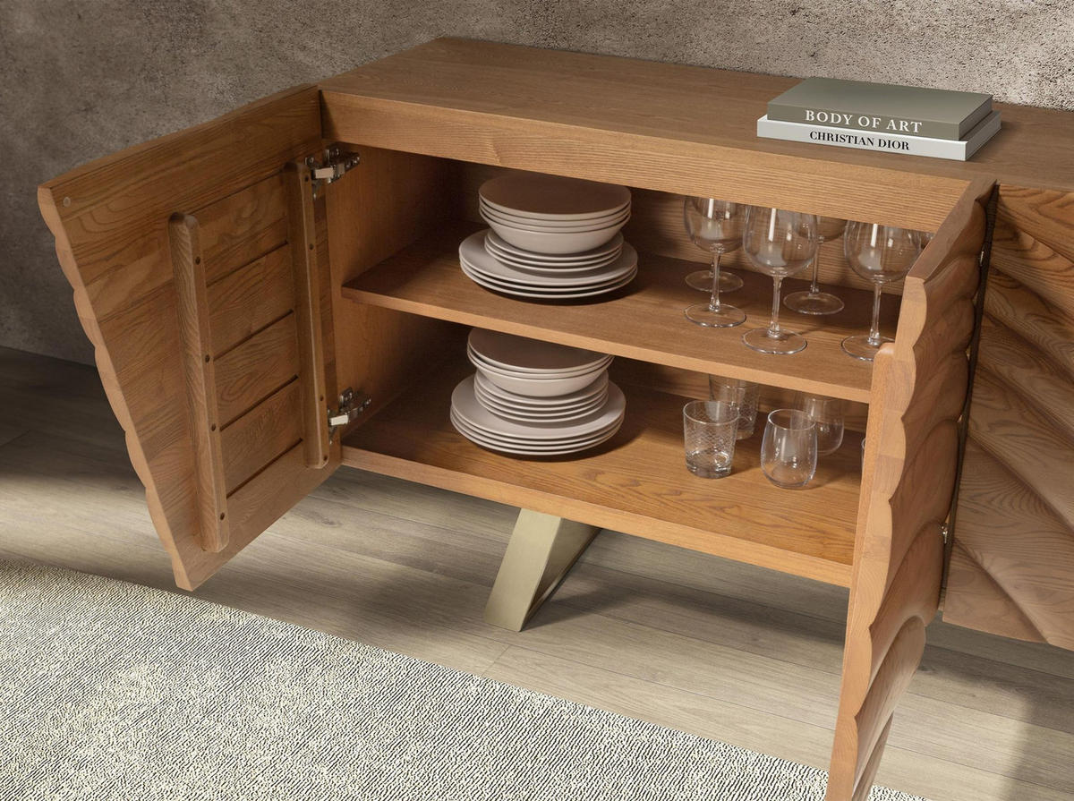 SIDEBOARD aus hellem Nussbaumholz und poliertem goldfarbenem Stahl 180/43/80 cm - Honigeiche/Cognac, Holz/Naturmaterialen (180/80/43cm) - ANGEL CERDA