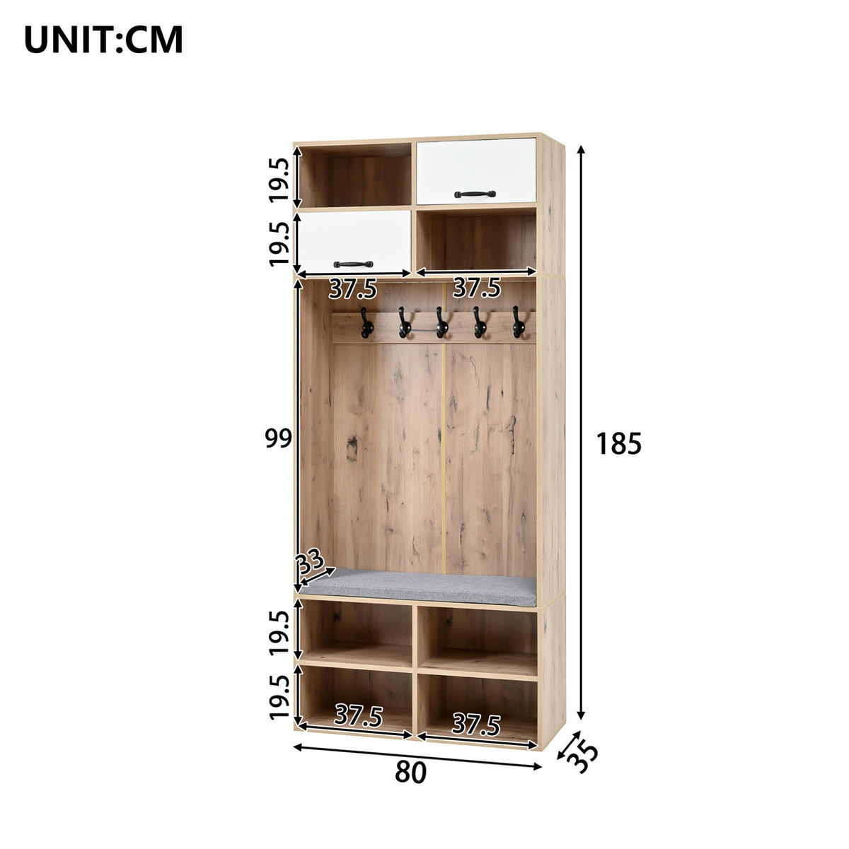 DIELENGARDEROBE mit Sitzbank, 5 Haken und Stauraum, Weiß/Natur, 80/35/185 cm - Naturfarben, Holzwerkstoff (80/185/35cm) - BEAOK
