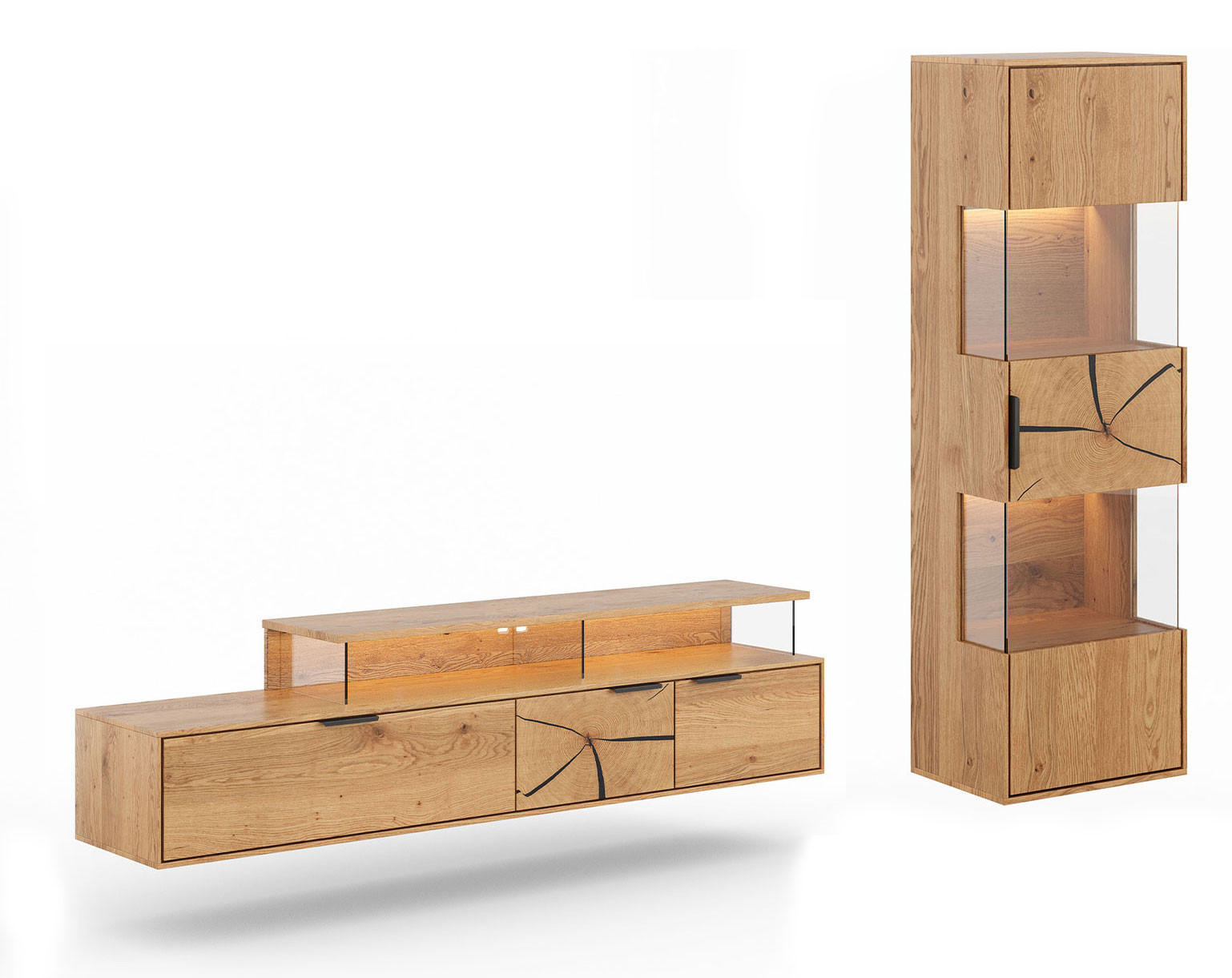 WOHNWAND Tirano 2er-Set Eiche Natur / Hirnholz - Eichefarben/Schwarz, Holz/Metall (243/142/39cm) - Feldmann-Wohnen